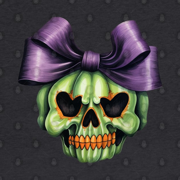 Cute Halloween green Skull with big bow by LaartStudio